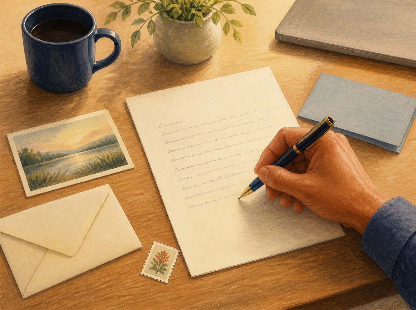 A pen, handwritten letter, postcard, envelope, and stamp arranged on a simple writing table.